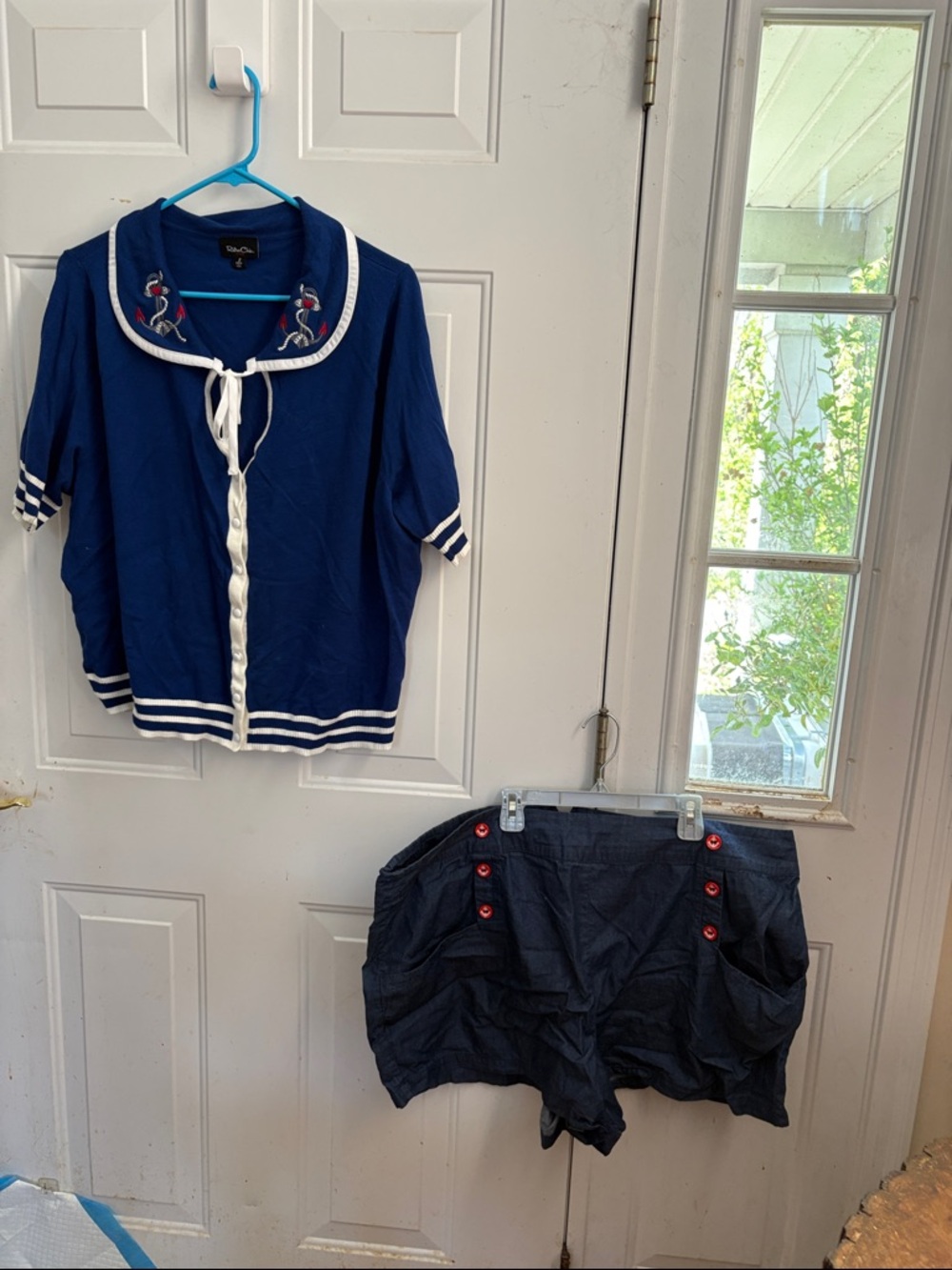 Retro Chic Navy Blue Sailor Top and Shorts Set with White Trim and Red Buttons